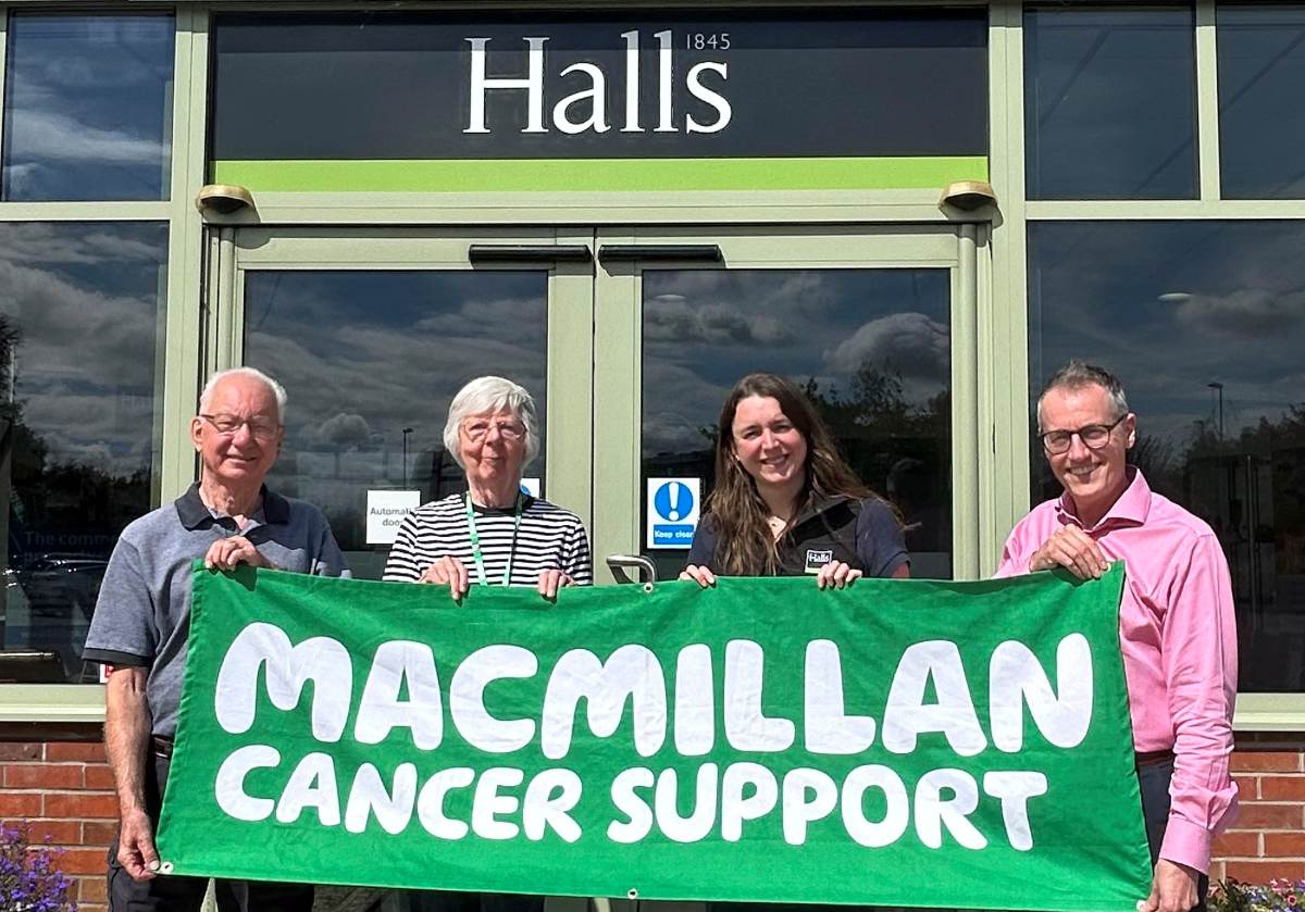Adrian Bowen (left) and Gill Eleftheriou (right) from Shrewsbury Macmillan Fundraising Group with Maryanne Lineker-Mobberley and Alexander Clement from Halls Fine Art promoting next month’s event