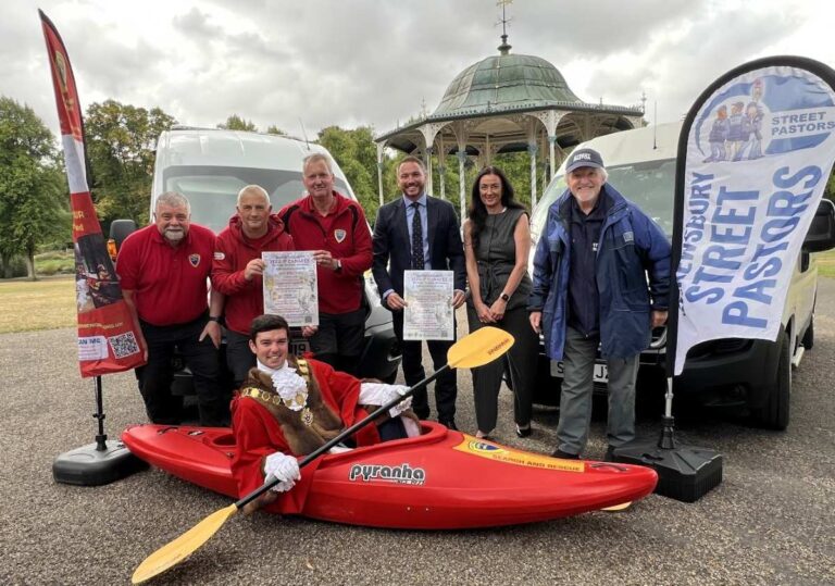 Pictured is Mayor Alex Wagner with representatives from West Mercia Search & Rescue, Shrewsbury Street Pastors and event sponsor Persimmon Homes