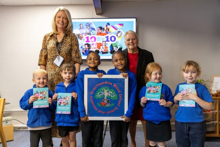 Jenny Gascoigne, Executive Headteacher (left) with Councillor Shirley Reynolds (right) and children from Wrockwardine Wood Infant School. Photo: Telford & Wrekin Council
