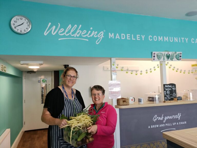 Caroline and Nichola at the Wellington Community Cafe in Madeley with the donation of vegetables from Friends of Telford Town Park