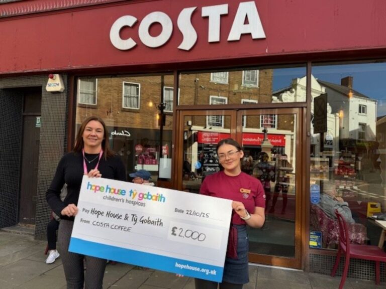 Vicky Bradbeer, Area Fundraiser from Hope House Children's Hospices pictured with Jessica Abel from the Costa Coffee store at The Cross in Oswestry