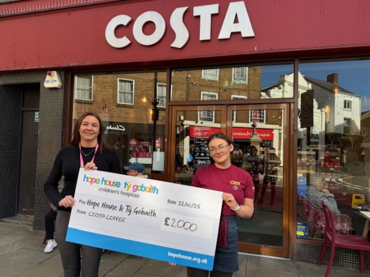 Vicky Bradbeer, Area Fundraiser from Hope House Children's Hospices pictured with Jessica Abel from the Costa Coffee store at The Cross in Oswestry