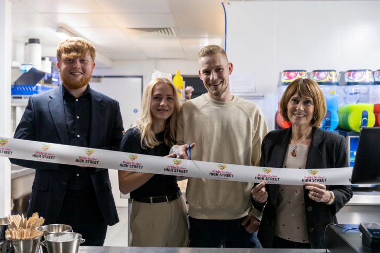 Councillor Ollie Vickers, far left, and Councillor Angela McClements, far right, officially open the new café with cafe owners Matt Palin and Vee Odrakiewicz. Photo: Telford & Wrekin Council