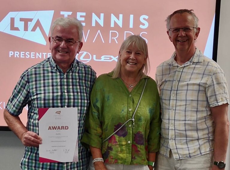 Paul Ellis, left, a dedicated member of Wem Tennis Club for more than 50 years, collected the Lifetime Achievement Award for the county, ahead of also receiving an Excellence Award in the 2025 LTA Awards from LTA president Sandi Procter, with Tennis Shropshire chair Mark Wilson also at the presentation