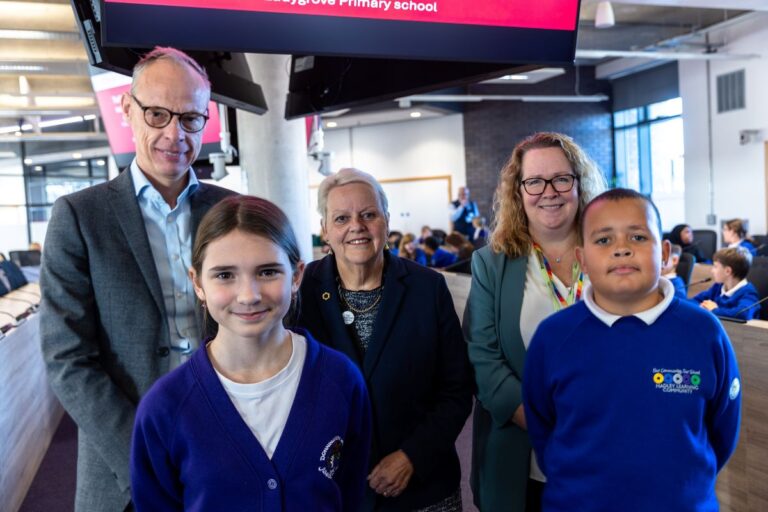 Local schoolchildren with left to right: Simon Wellman, Director of Education and Skills at Telford & Wrekin Council, Councillor Shirley Reynolds and Sally Sixsmith, Headteacher at St George's Primary School. Photo: Telford & Wrekin Council