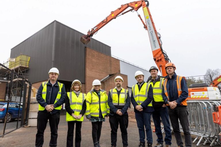 Councillor Lee Carter, Councillor Angela McClements, Debbie King, Programming and Engagement Team Leader at Telford & Wrekin Council, Jon Bielstein, Group Manager for Culture at Telford & Wrekin Council, Chris Walton, Executive Project Manager at Gleeds, James Naylor, Garvey Demolition Site Manager and Oliver Barby, Garvey Demolition Director. Photo: Telford & Wrekin Council