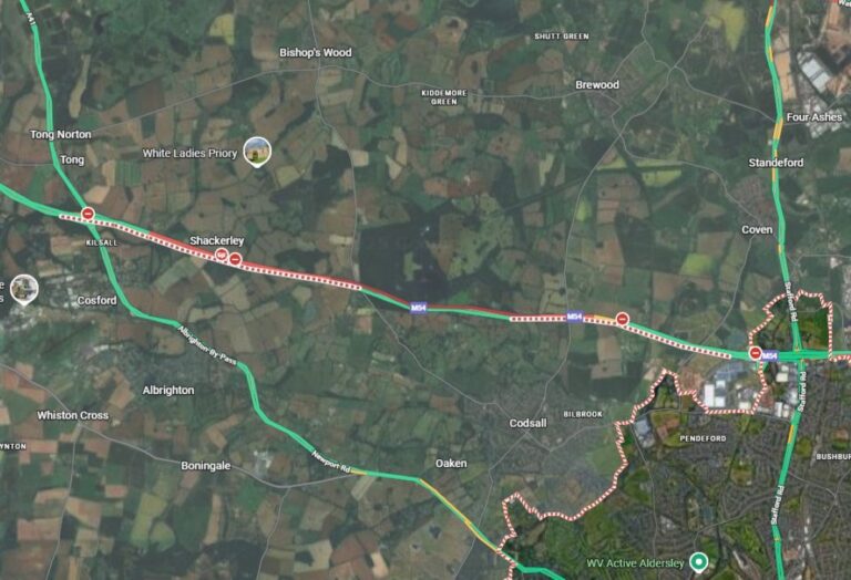 The M54 is closed westbound between Junctions 2 and 3. Image: Google Maps