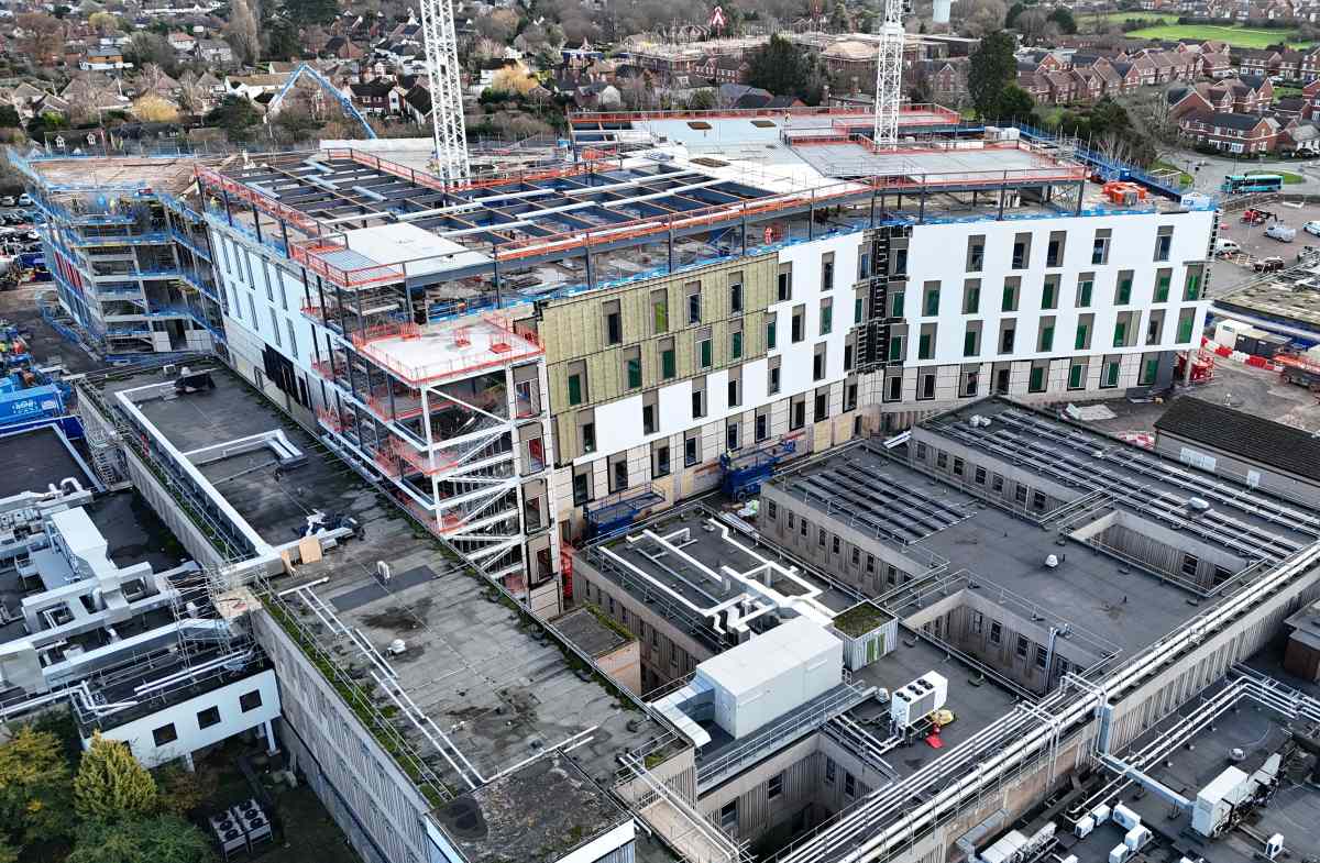 An aerial view of construction progress at Royal Shrewsbury Hospital