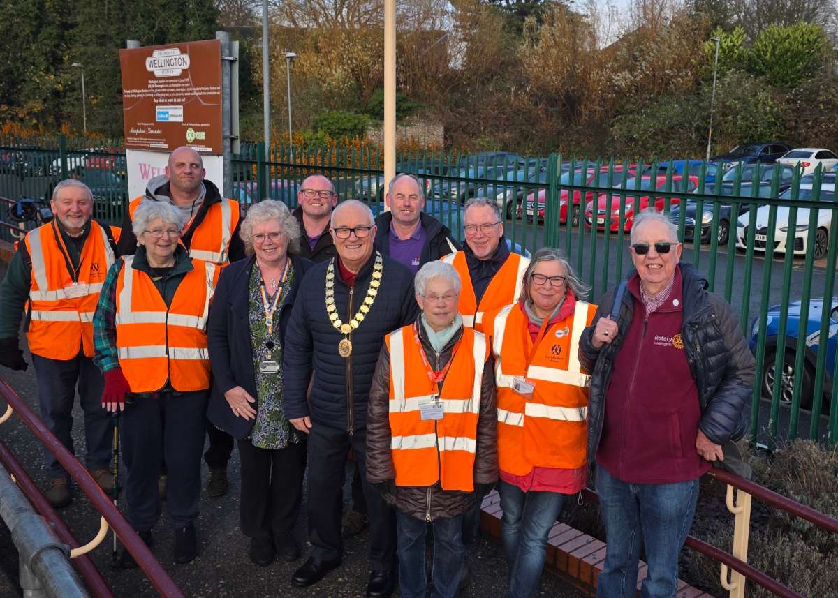 Friends of the Station members David Bunn, Kath Howard, Antony Hook (Chair), Kath Padgett, Rob Hubbleday, and Cllr Julie Pierce (also Wellington Town Council); Sam Hine (Wrekin Housing Group); John Anderson and Rob Anderson (Meadowdale Garden Centre); Mayor Reg Snell; and Venn Davies (Wellington Rotary Club)