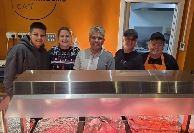 Sam Leal, Debbie Molton, Krish Leal, Sharon Dean and Avril Davies during the festive meal at The Hummingbird Cafe