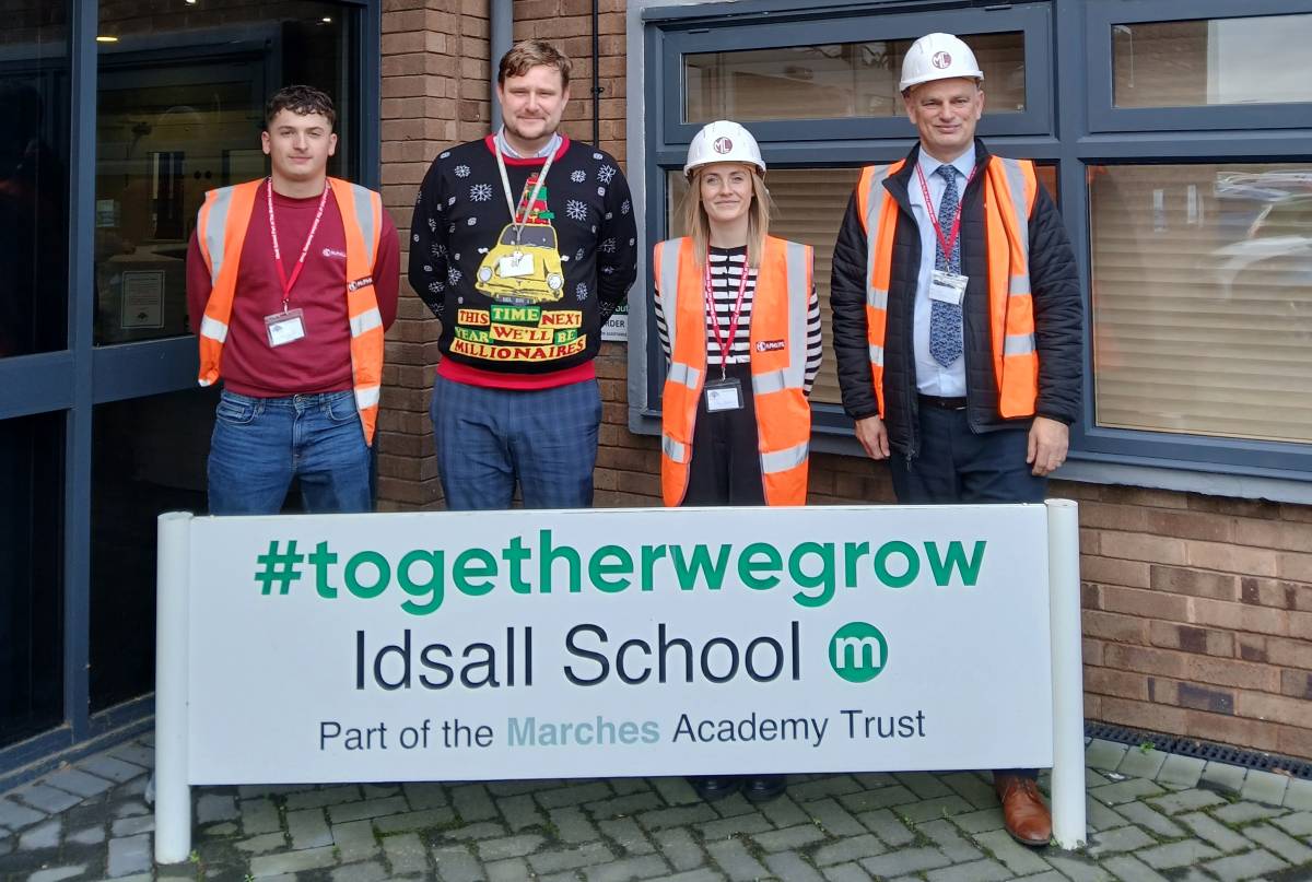 McPhillips apprentice Ollie Fudge, Idsall School Head of Construction Graham Northall, McPhillips social value co-ordinator Emily Myatt and McPhillips procurement manager Roger Cox